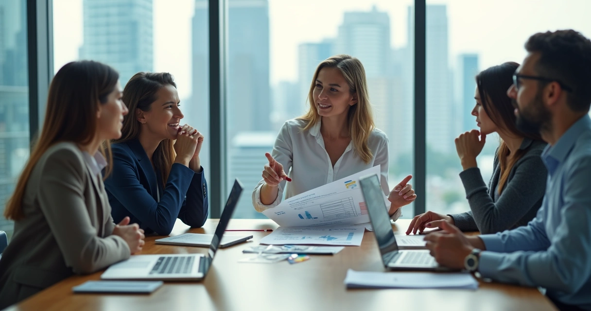Gestora em reunião tomando decisão rápida enquanto equipe se olha em dúvida 