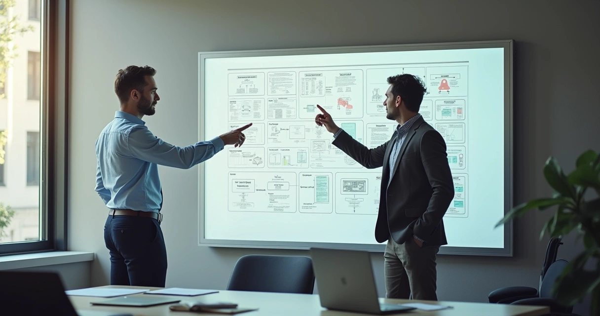 Duas pessoas em reunião no escritório, apontando para painel com fluxogramas de decisão 