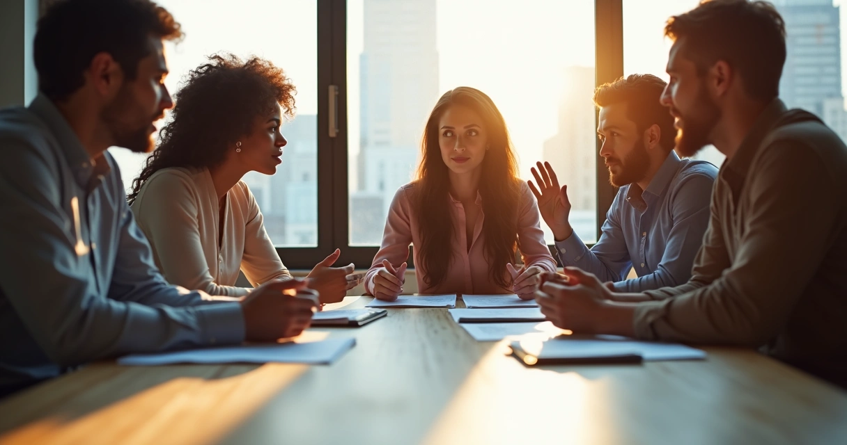 Grupo de pessoas ao redor de uma mesa decidindo rapidamente 