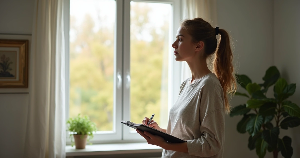Pessoa refletindo sobre decisão olhando pela janela com caderno nas mãos 