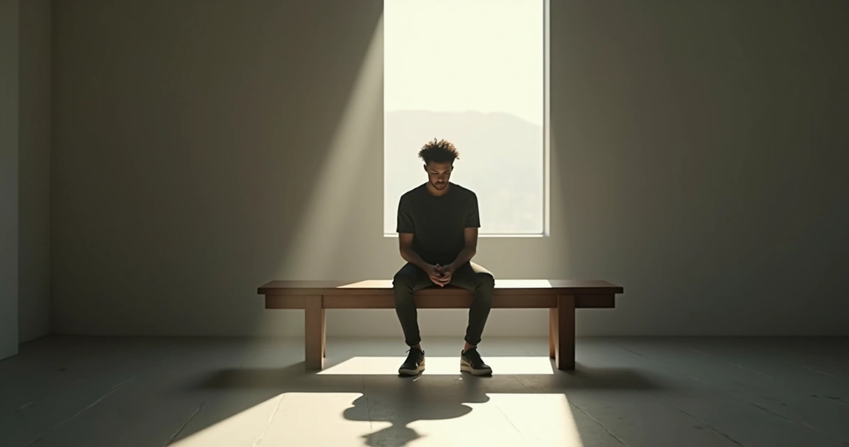 Pessoa sentada refletindo, olhando para baixo em um ambiente calmo 