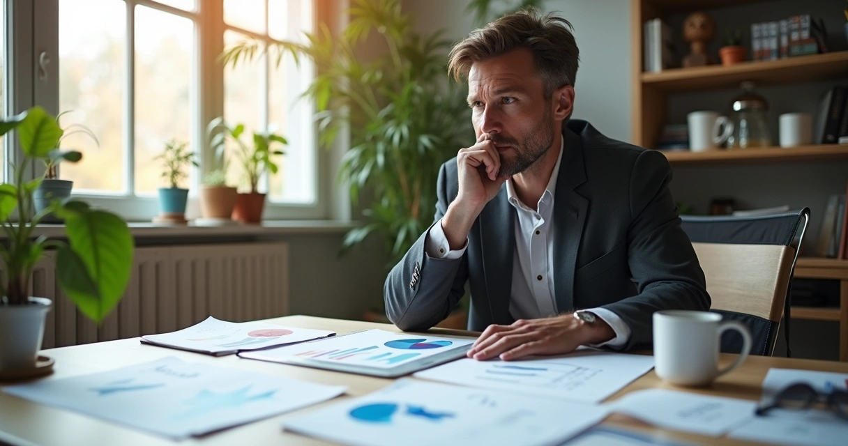 Pessoa sentada olhando para gráficos e anotações à sua frente 