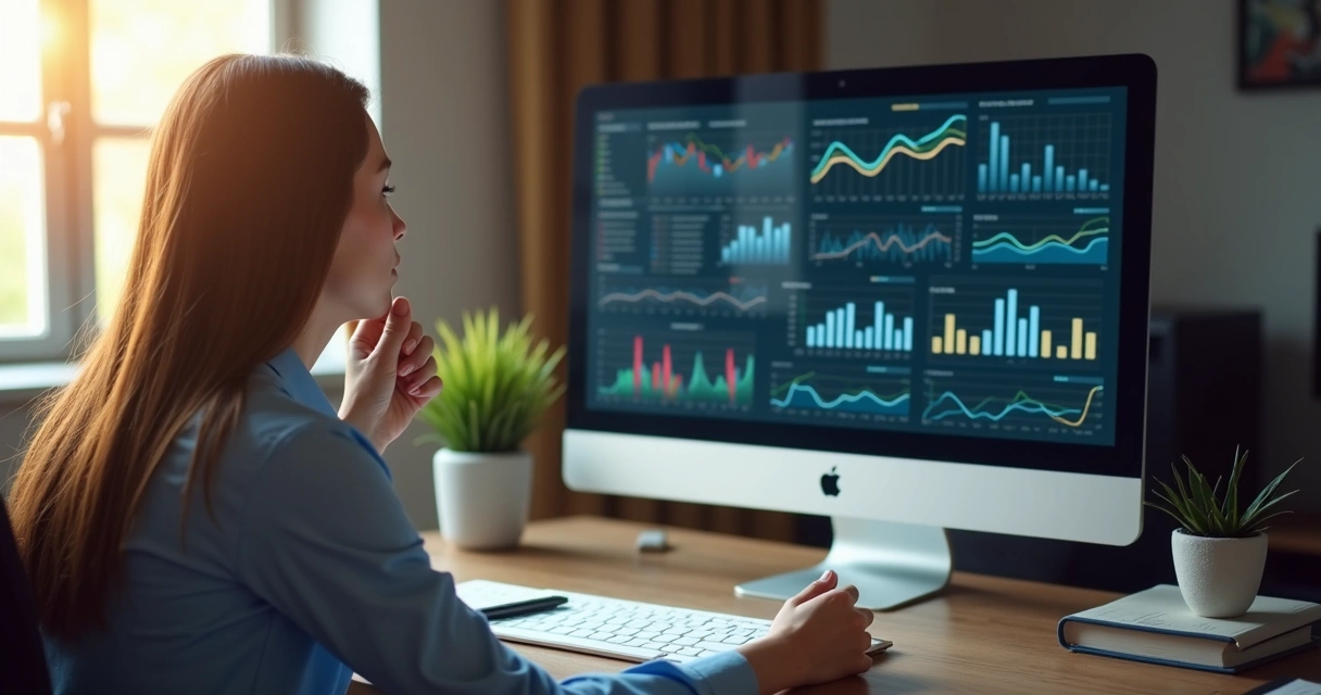 Pessoa refletindo diante de um computador com gráficos