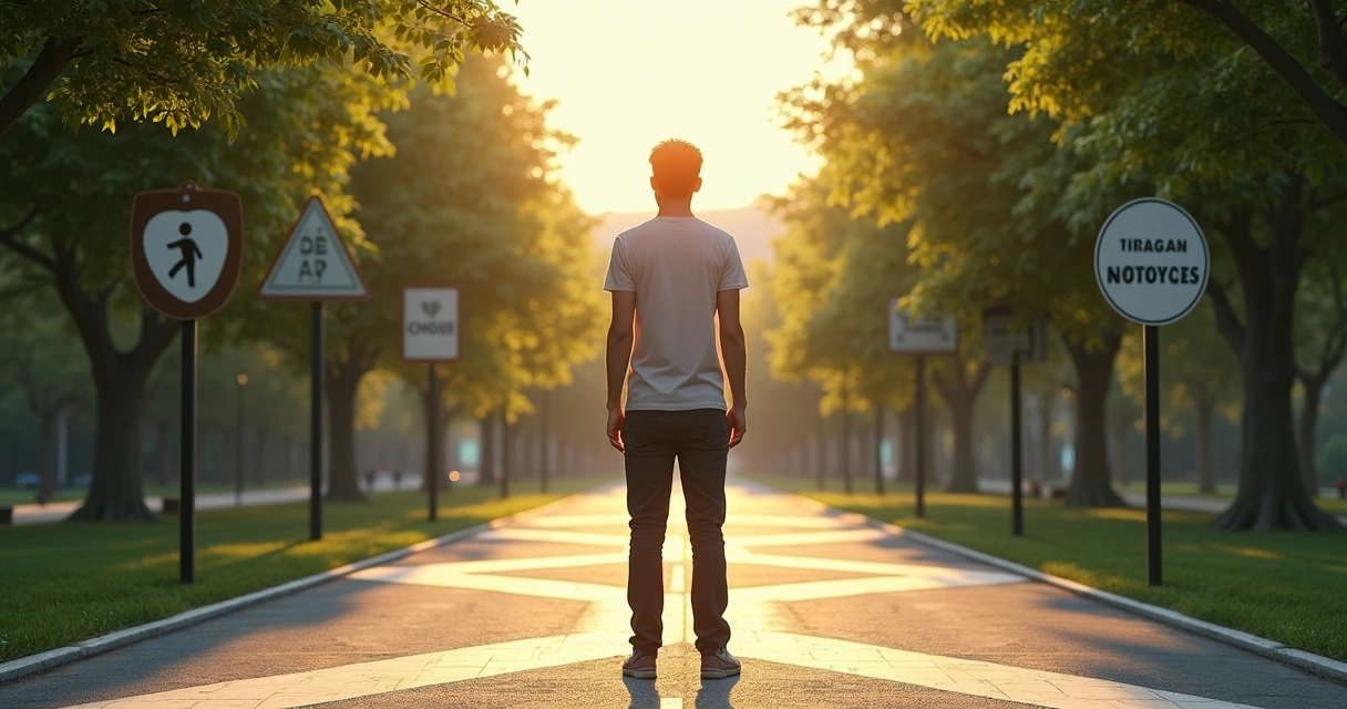 Pessoa em cruzamento, olhando para diferentes caminhos iluminados 