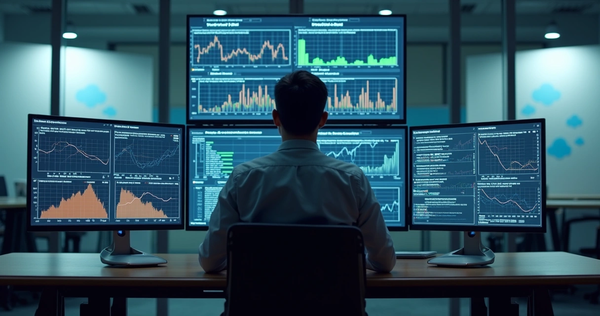 Profissional de TI analisando gráficos de replicação em vários monitores 