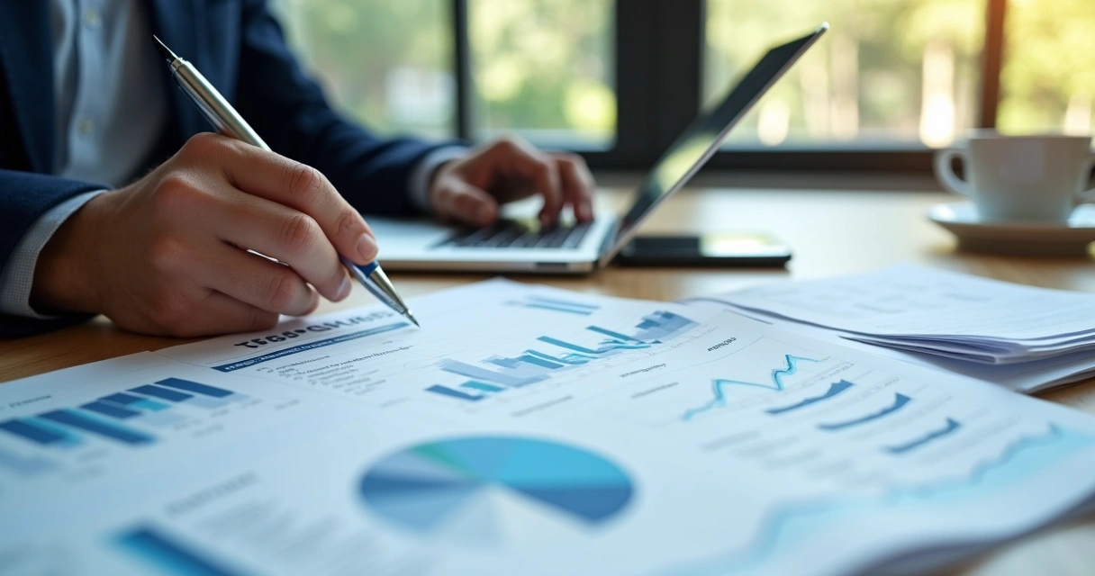 Executiva avaliando gráficos e checklist de decisão responsável 