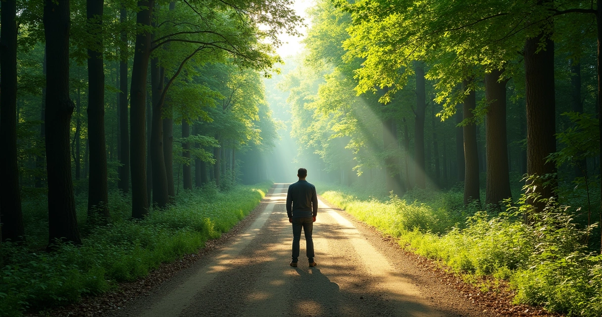 Pessoa parada em bifurcação de estrada em área verde