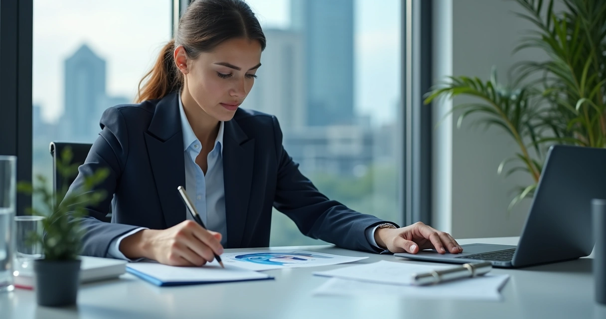 Líder analisando decisão com calma em mesa de trabalho