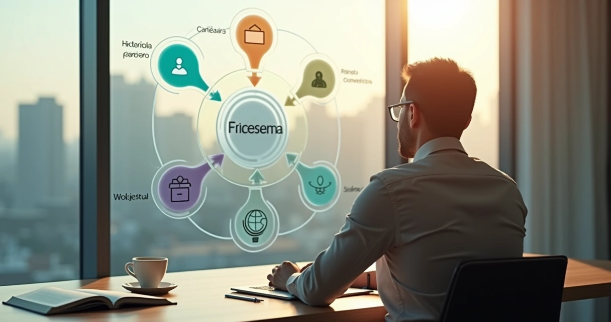 Pessoa em mesa de trabalho analisando cinco setas de decisão interligadas em painel transparente 