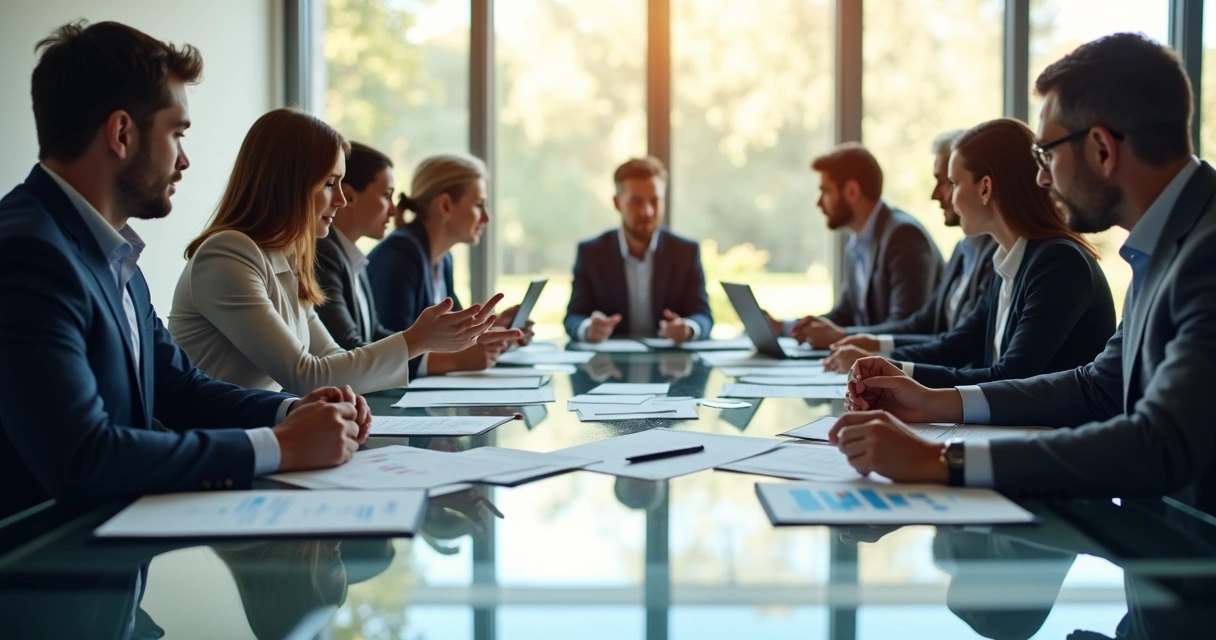 Mesa de reunião com pessoas discutindo decisão coletiva 