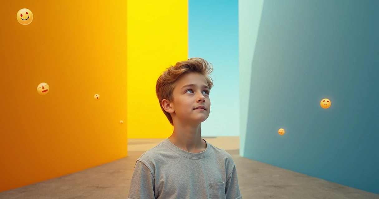 Pessoa diante de dois caminhos, símbolos de alegria e dúvida ao redor 