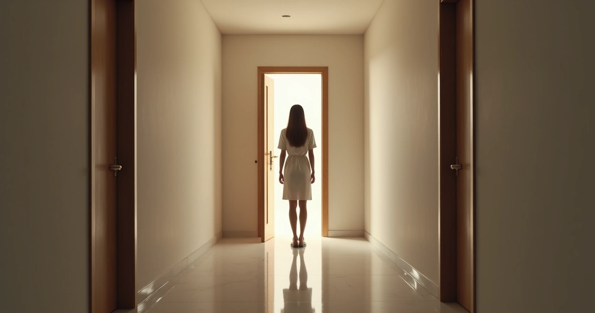 Mulher indecisa entre duas portas, ambiente interno, cores suaves 