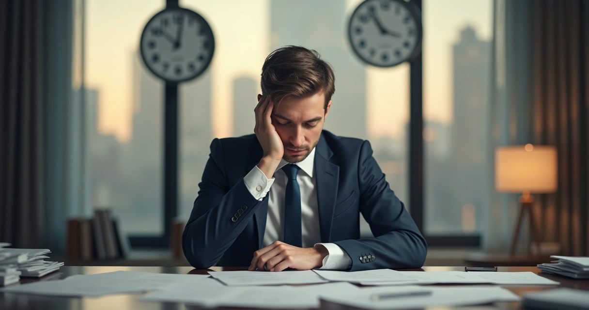 Pessoa sentada diante de uma mesa, cercada de papéis e relógios, com expressão pensativa