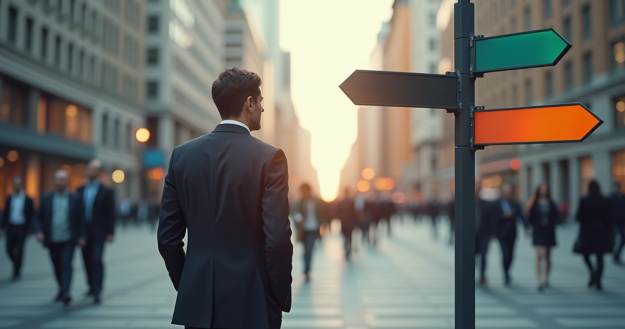Pessoa em pé diante de vários caminhos divergentes olhando para placas de direção alternativas