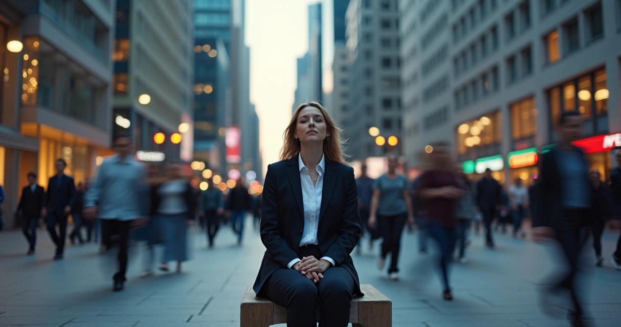 Pessoa sentada em silêncio em meio a uma cidade agitada mantendo postura calma 