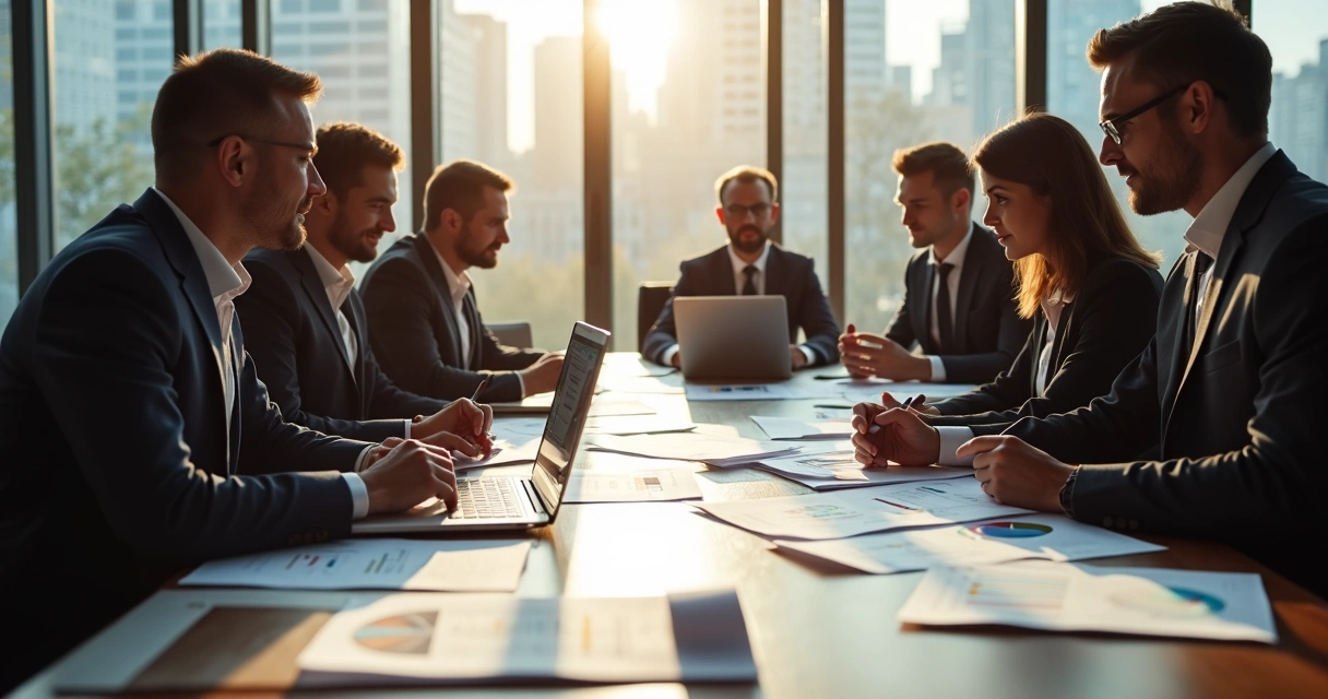 Equipe reunida ao redor de uma mesa analisando documentos juntos 