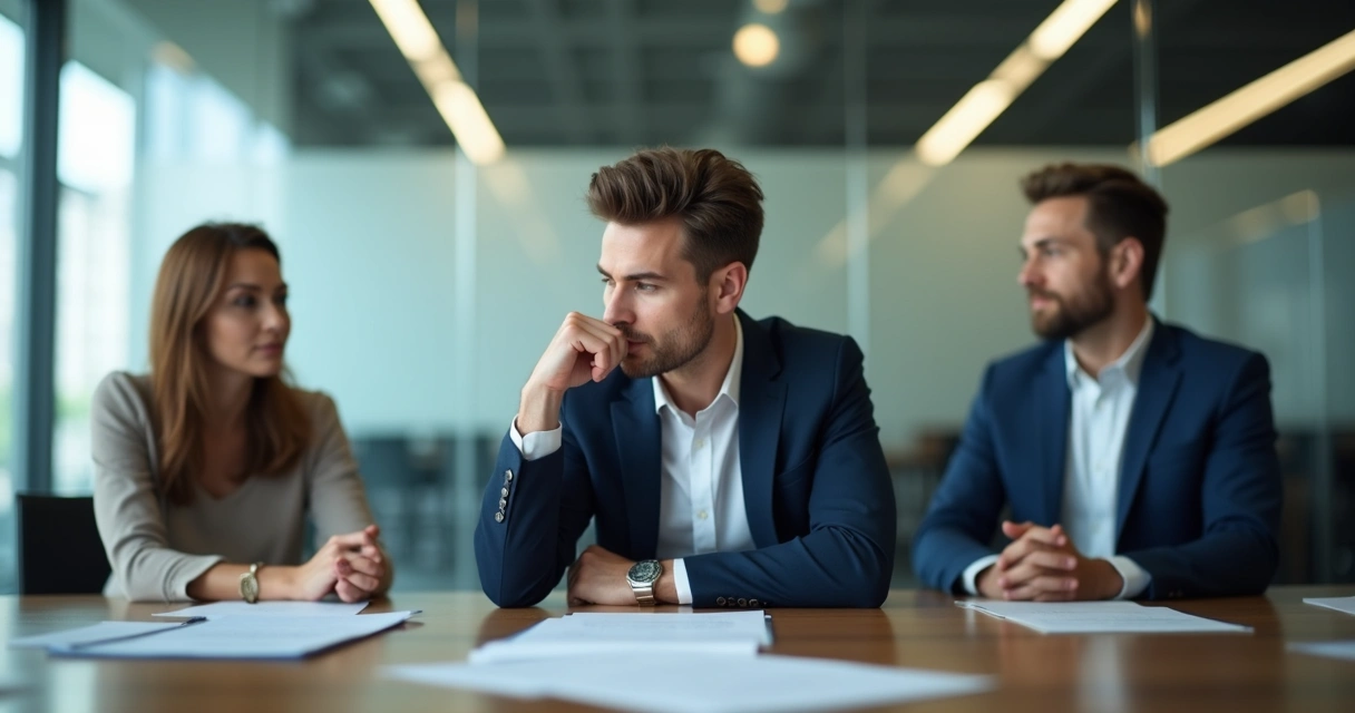 Pessoa sentada à mesa de reunião, refletindo diante de documentos. 