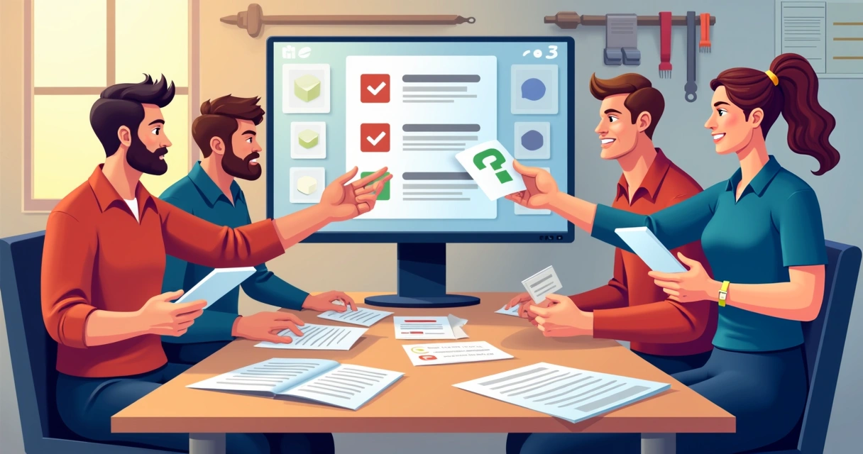 Equipe tomando decisão sobre sistema de comissões em uma assistência técnica