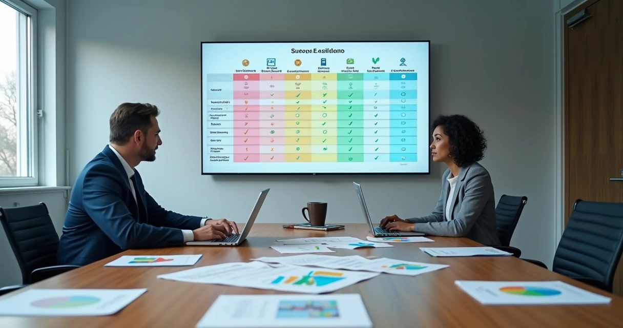 Gestor analisando matriz de decisão com várias soluções tecnológicas 