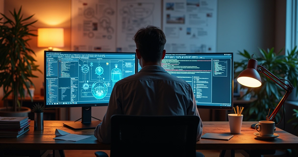 Pessoa analisando fluxogramas em monitor duplo 