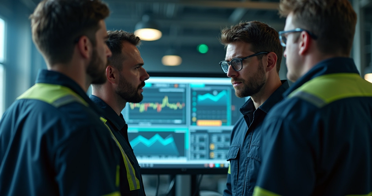 Supervisores de fábrica analisando dados duvidosos em um monitor