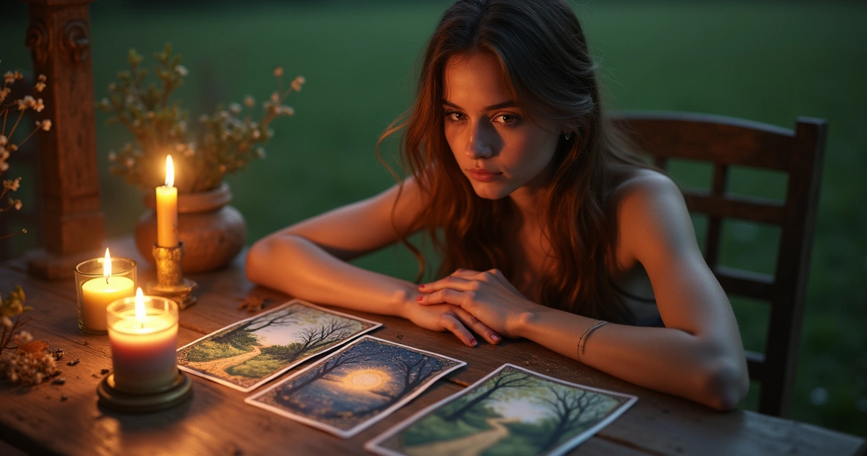 Pessoa observando cartas de tarot sobre mesa, duas opções de caminhos representadas 