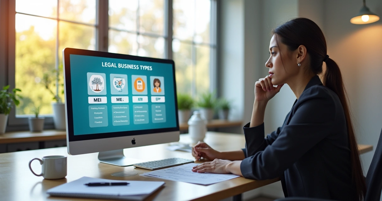 Pessoa analisando opções de tipo de empresa em tela de computador 