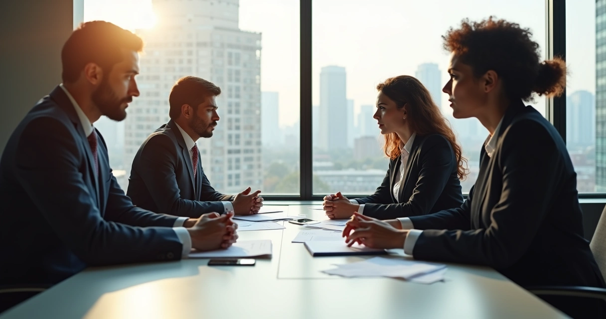 Pessoas discutem uma decisão ao redor de uma mesa de escritório 