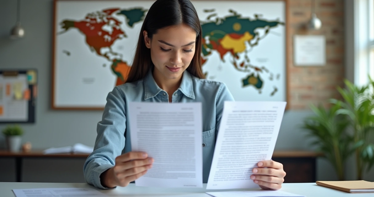 Pessoa analisando documentos para decidir entre tradução automática e tradução profissional 