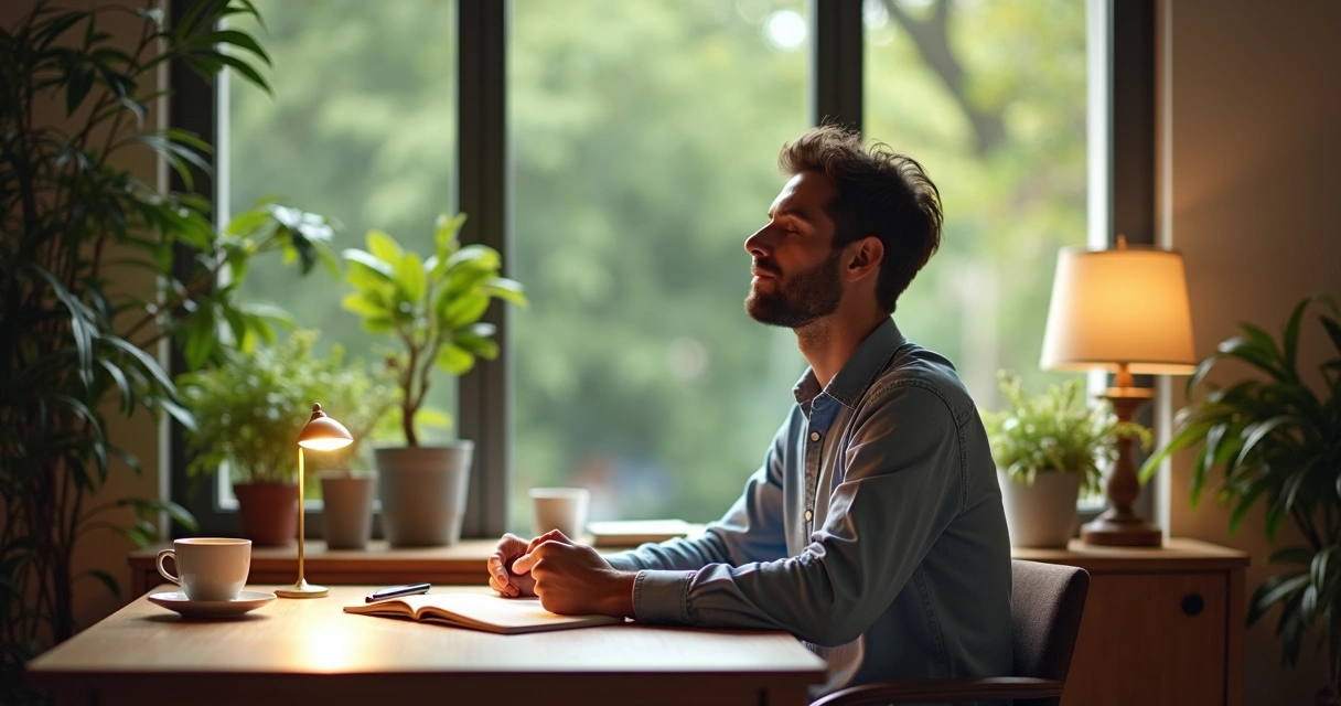 Homem sentado à mesa de trabalho com expressão calma após meditação guiada