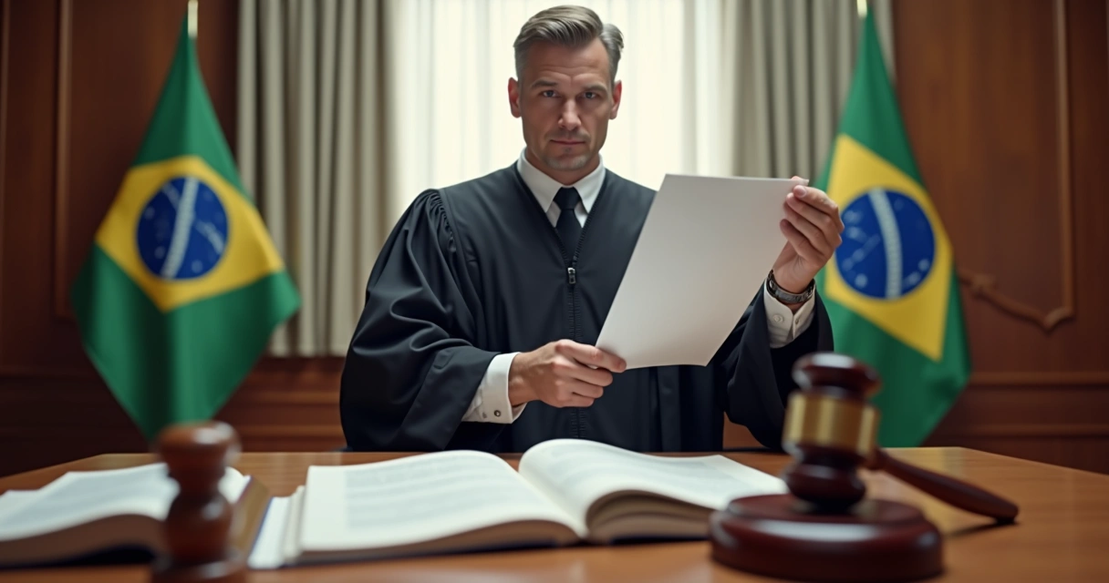 Juiz do trabalho segurando sentença em tribunal com livros jurídicos e martelo sobre a mesa. 