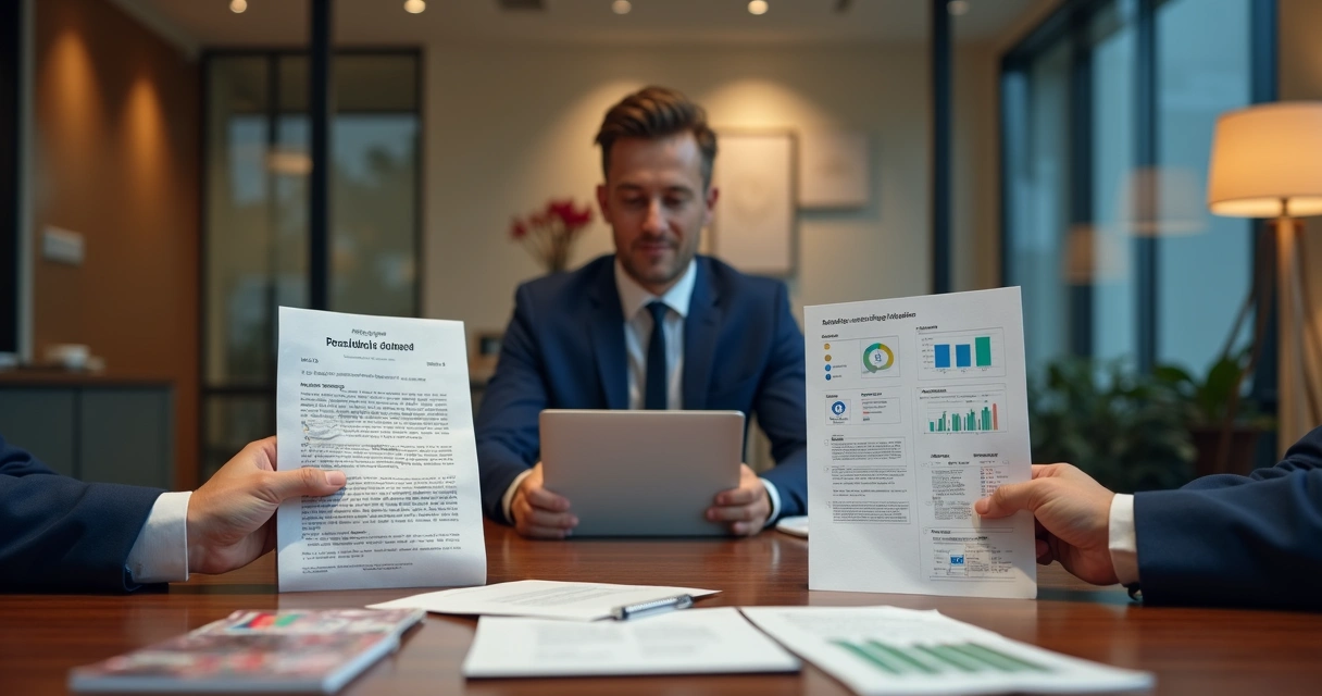 Gestor médico segurando dois contratos de marketing diferentes em mesa de reunião moderna 