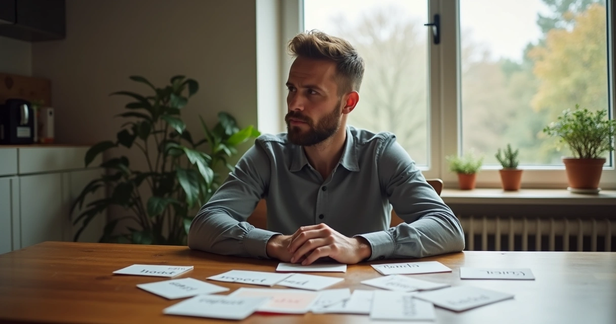Pessoa refletindo diante de opções marcadas em cartões sobre uma mesa 