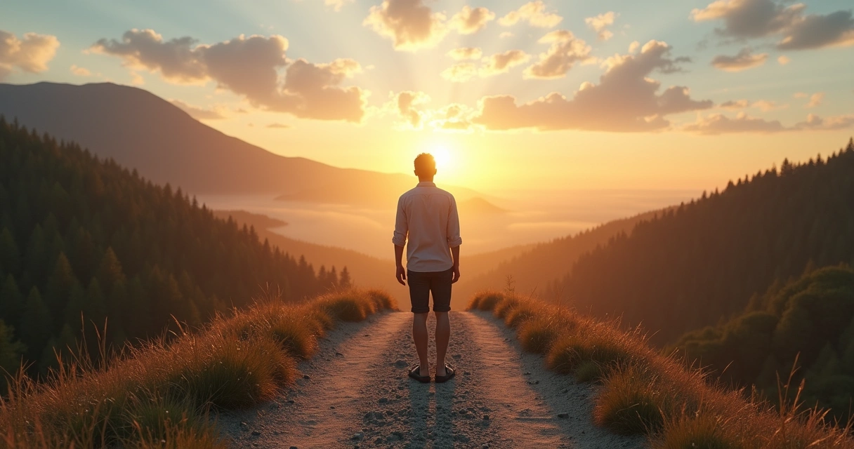 Pessoa em encruzilhada observando paisagem ao nascer do sol 