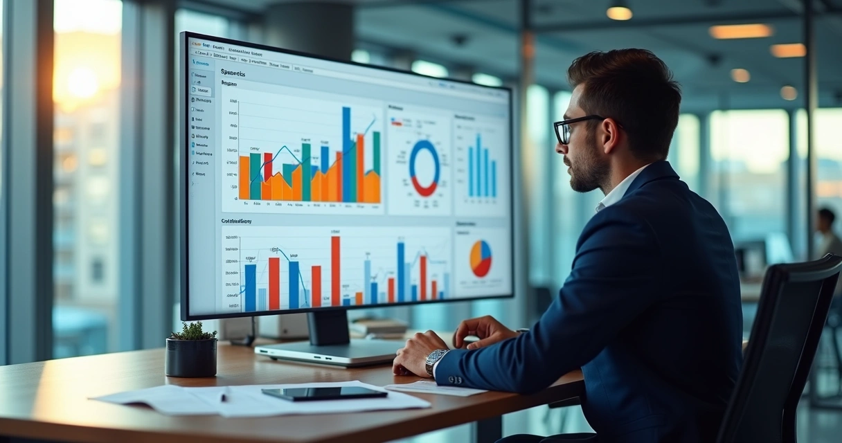 Gestor analisa painel digital com gráficos de vendas, sentado em escritório moderno 
