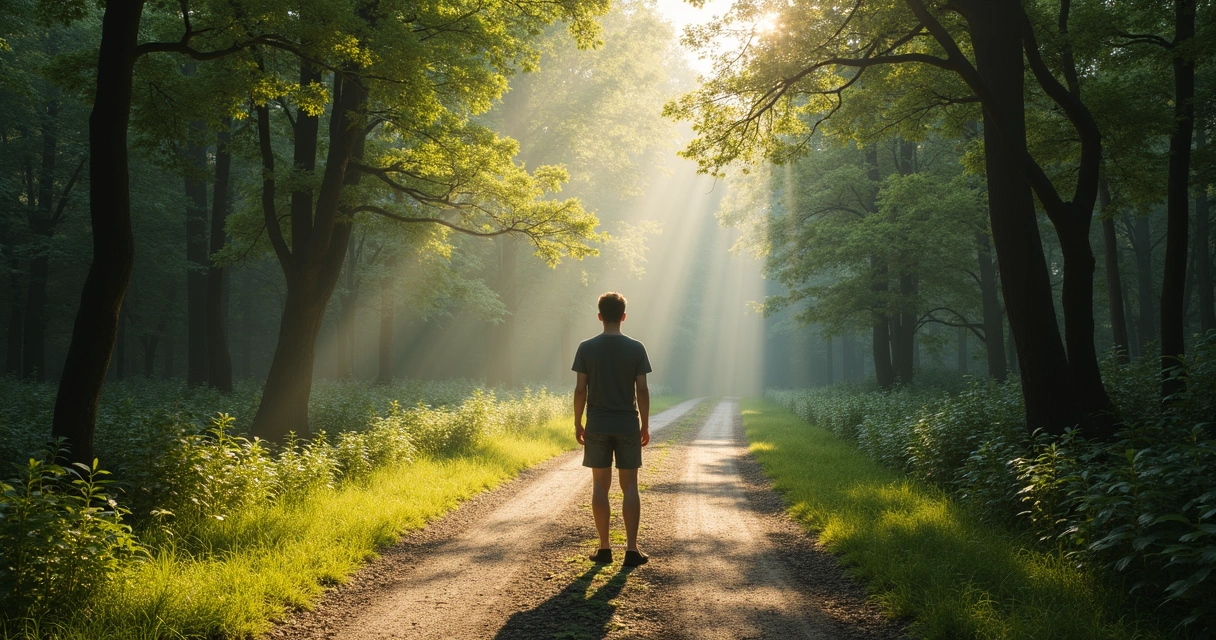Pessoa parada no cruzamento de dois caminhos em meio a uma floresta com luz suave 