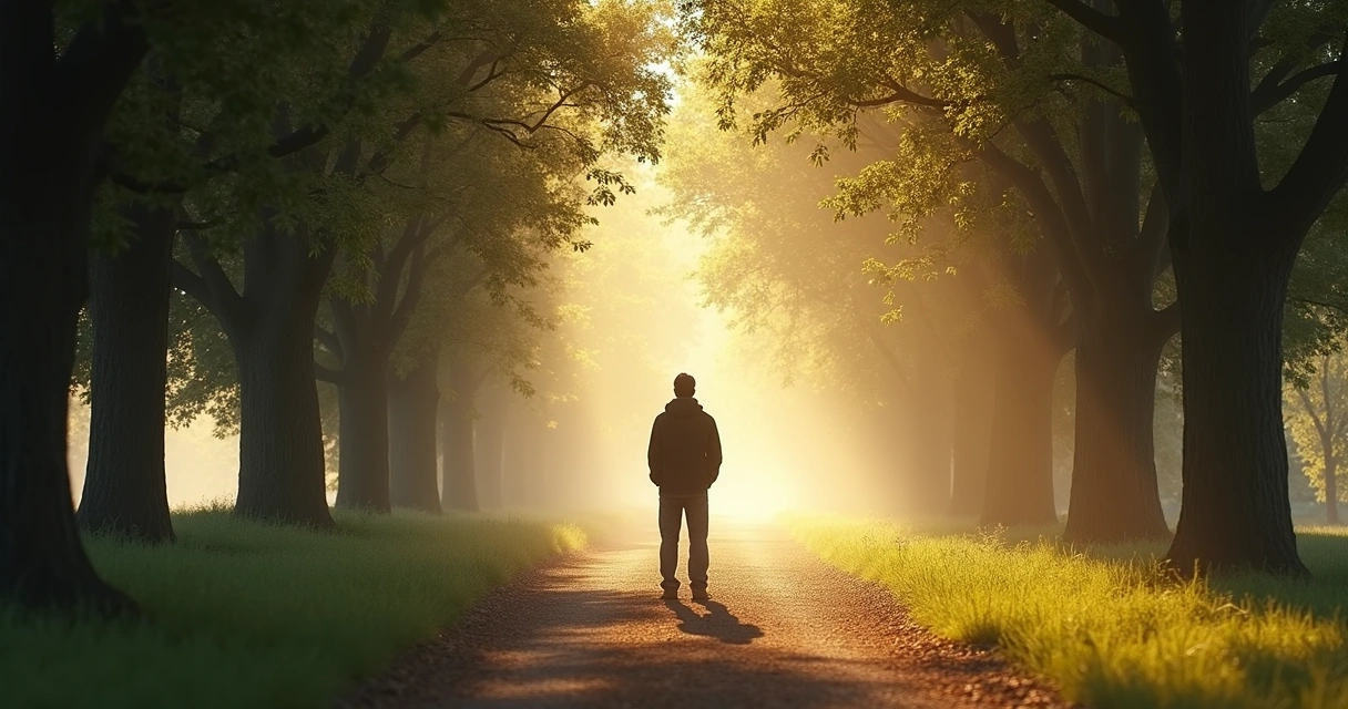 Pessoa refletindo diante de bifurcação em uma estrada arborizada