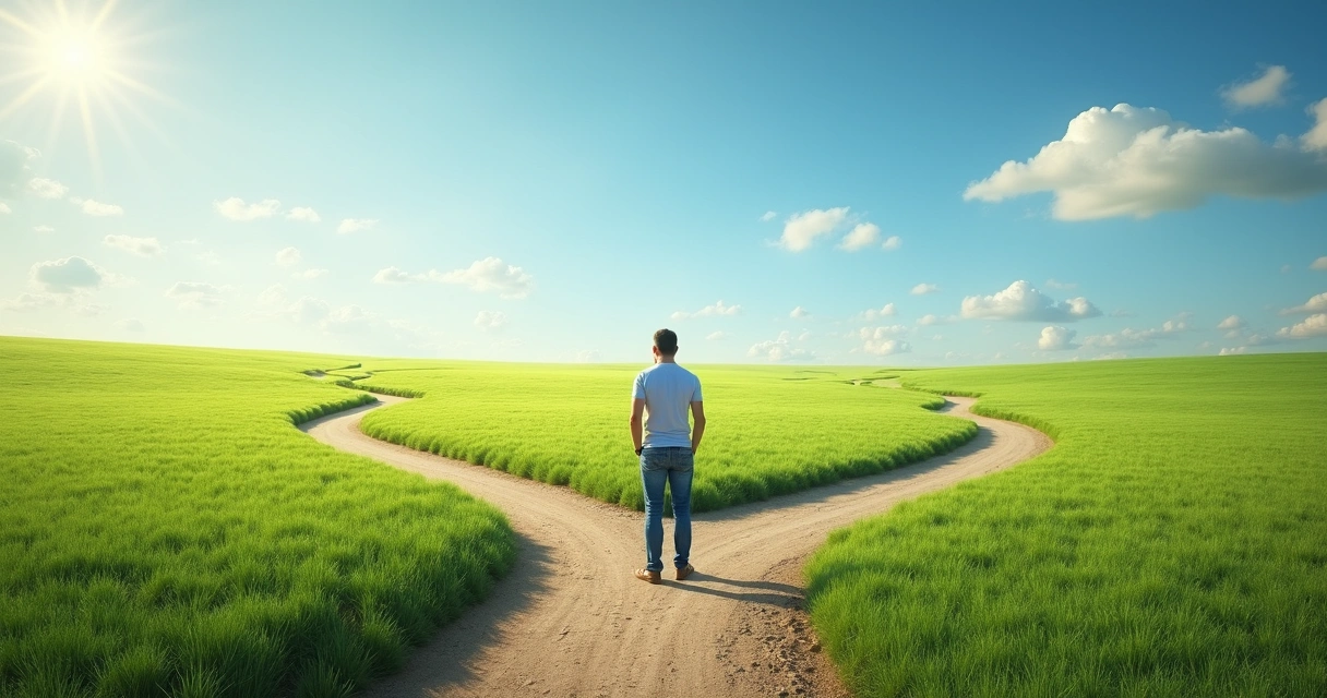 Pessoa parada diante de vários caminhos, simbolizando escolhas 