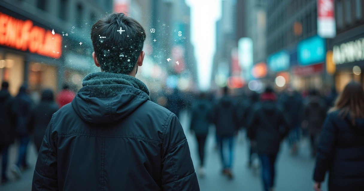 Person walking along city street on autopilot, surrounded by blurred lights and fast-moving people 