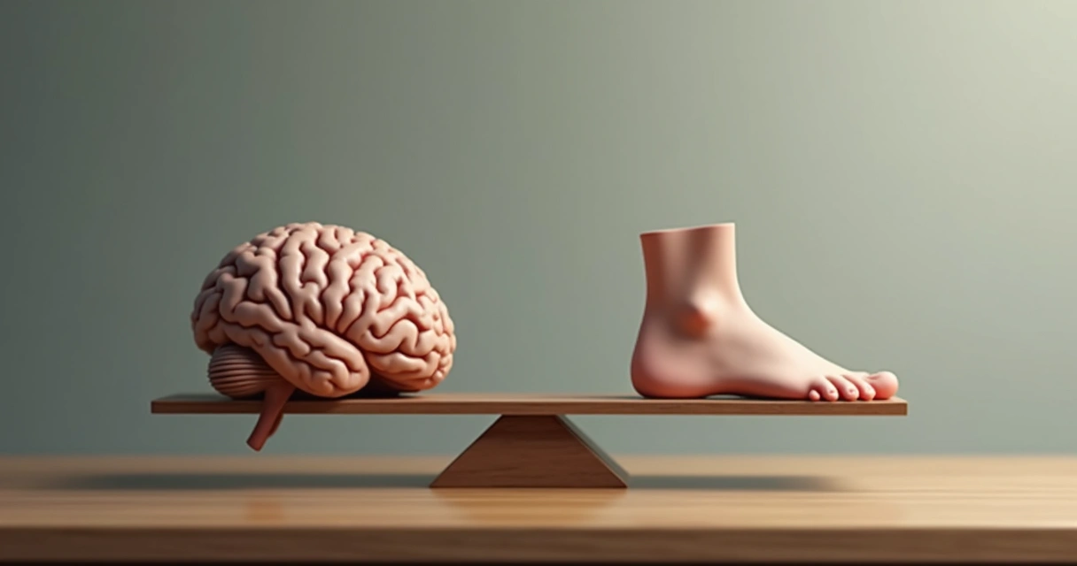Abstract illustration of a balanced scale with a brain and a foot representing thought and action