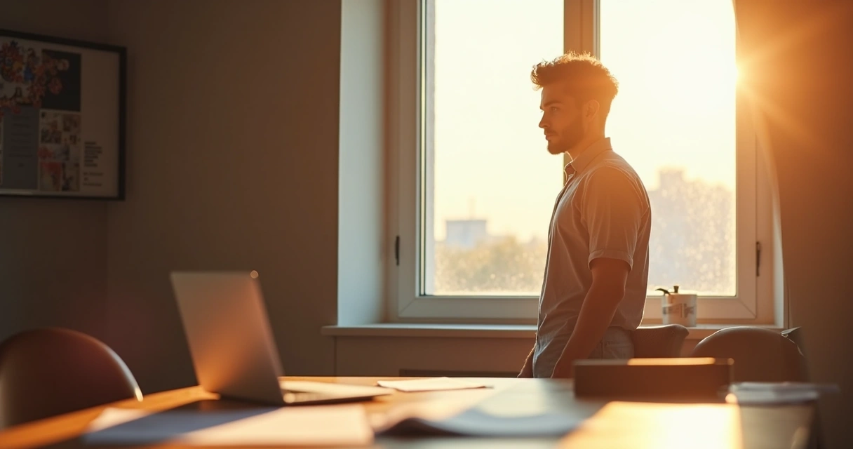 Person pausing by a window, sunlight illuminating face, reflecting before making a decision 