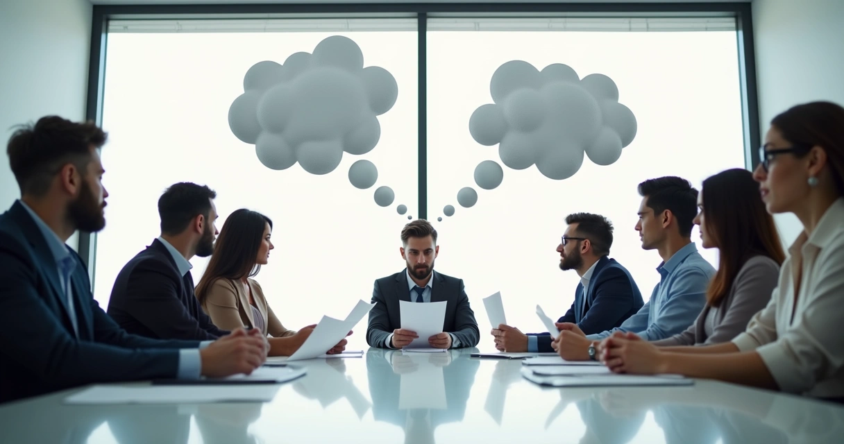 Group of professionals discussing choices around a table 