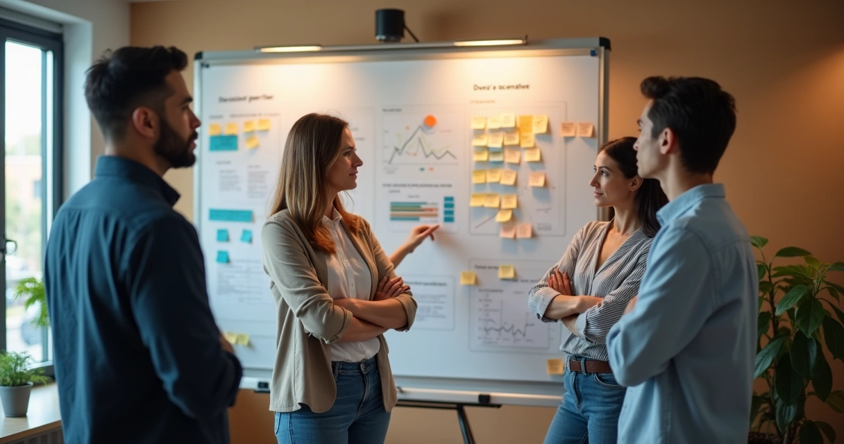 Group reviewing decision notes on board with varied reactions 