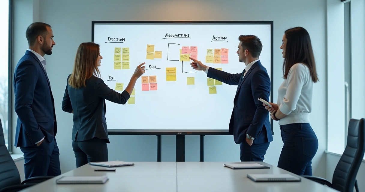 Team reviewing decisions on a whiteboard in a meeting room