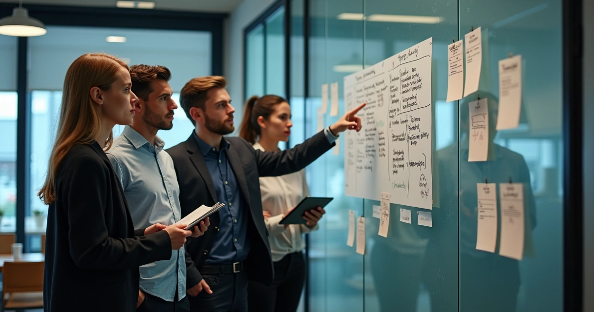 Colleagues reviewing notes and charts on a glass board after a difficult team decision