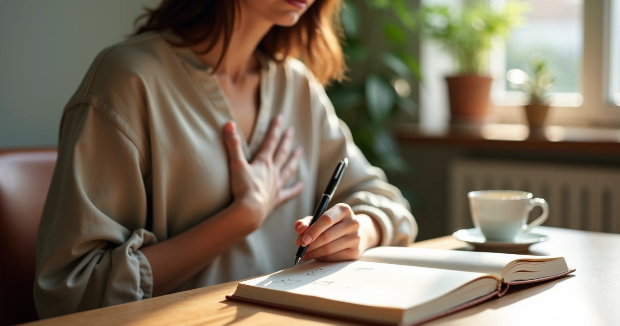 Person pausing with journal and tea before making a decision 