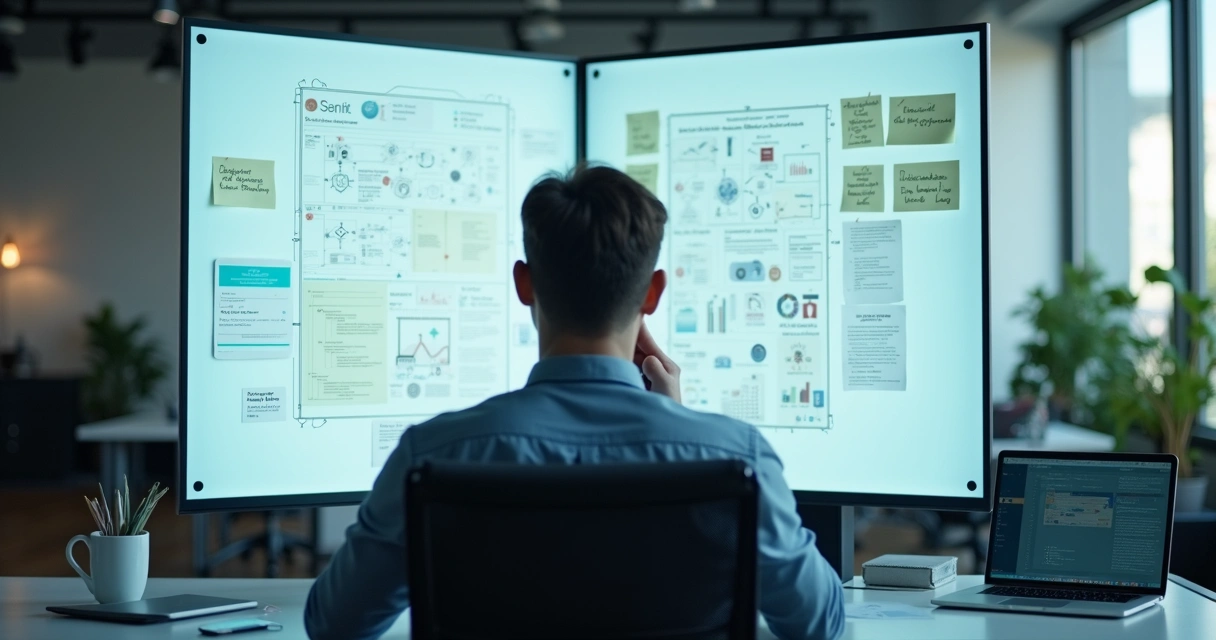 Gestor de negócios analisando entre automação por IA e programação humana