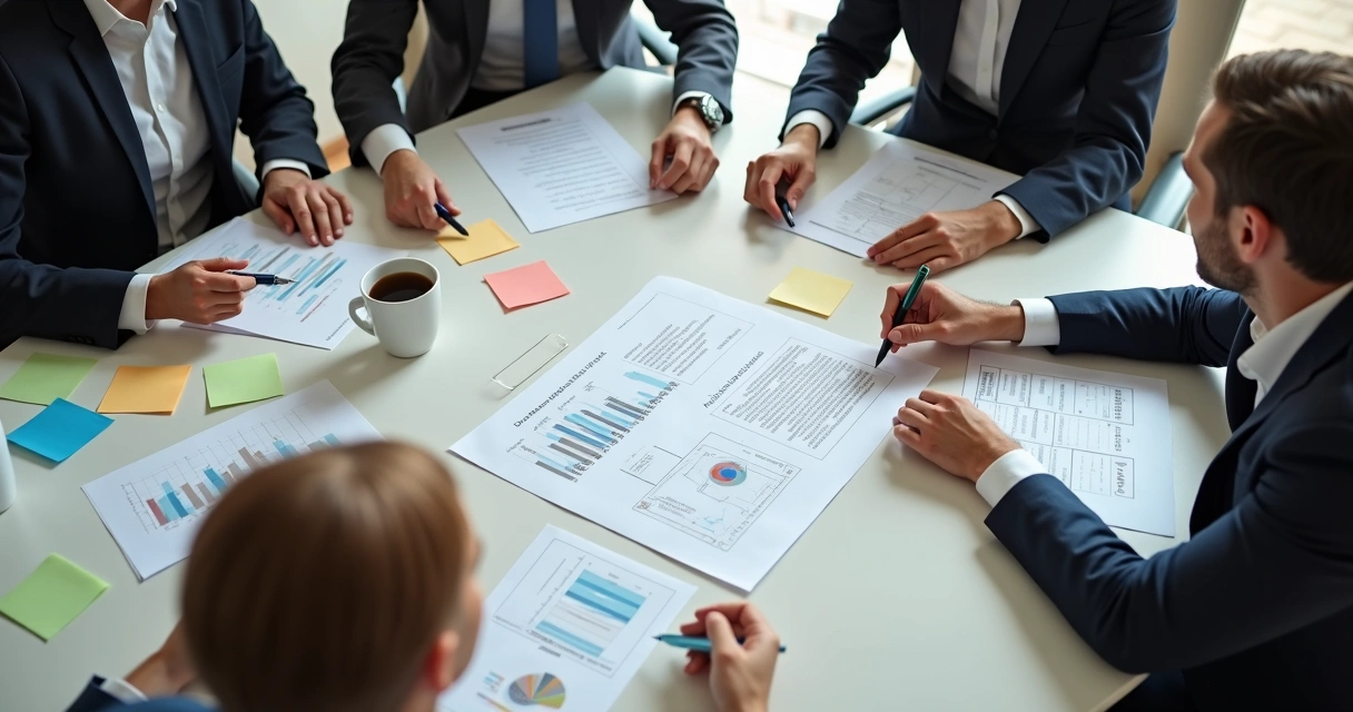 Group reviewing a decision checklist in a boardroom 