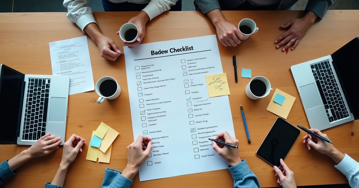 Printed bias checklist beside notes during a team review
