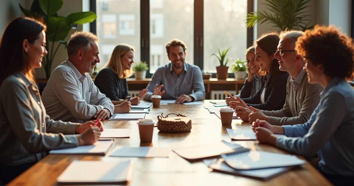 Grupo de personas reunidas alrededor de una mesa discutiendo en ambiente acogedor